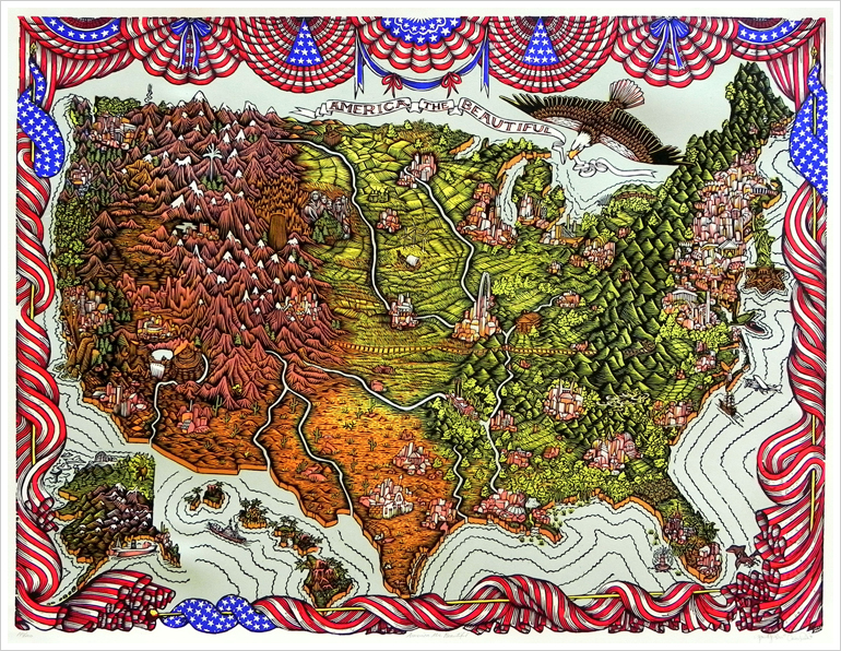 "AMERICA THE BEAUTIFUL" Woodcut Print, Woodblock Print by Tugboat Printshop