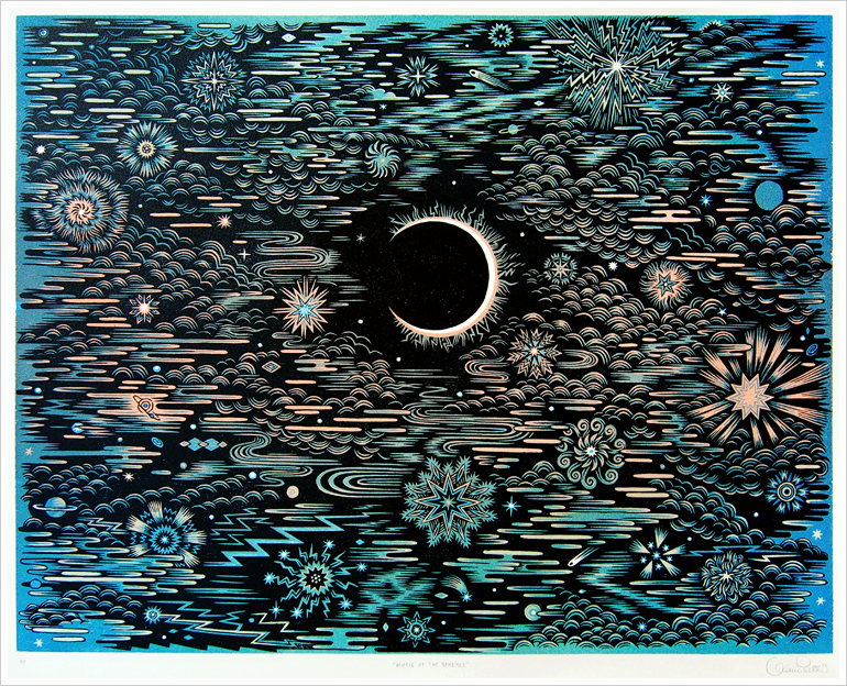 "MUSIC OF THE SPHERES" Color Woodcut Print, Woodblock Print by Valerie Lueth | Tugboat Printshop