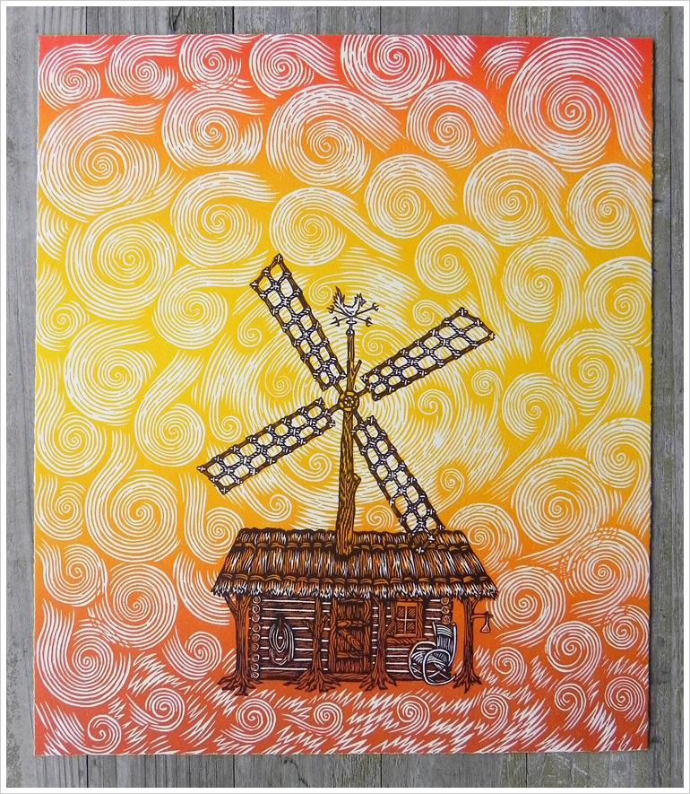 "WINDMILL" Woodcut Print from THE 4 ELEMENTS Woodcut Print Set by Tugboat Printshop