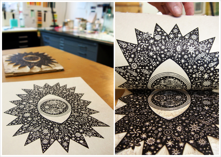 "ALL SEEING EYE" Woodcut Print, Woodblock Print | Inking the Woodblock | Valerie Lueth, Tugboat Printshop