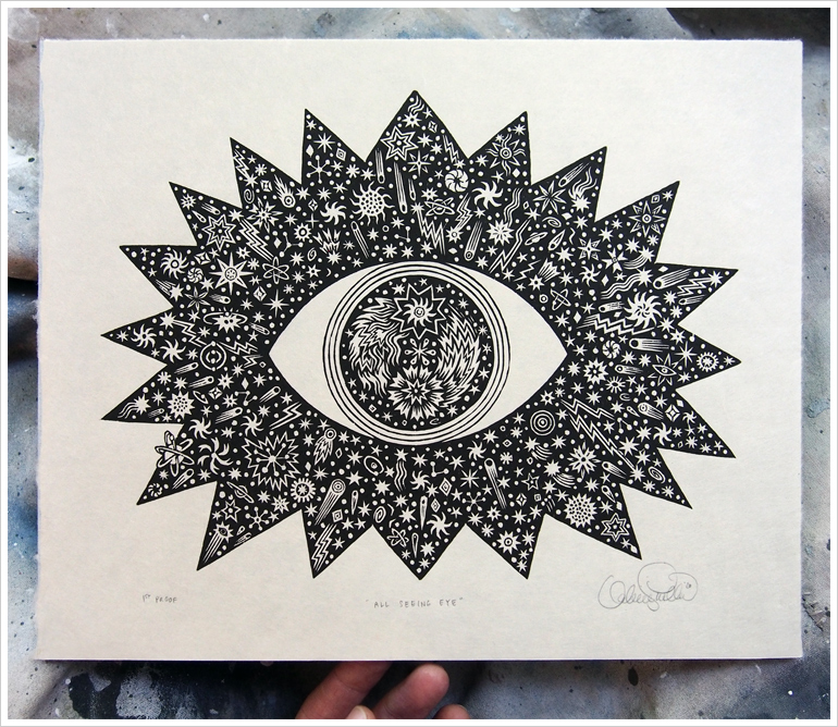 "ALL SEEING EYE" Woodcut Print, Woodblock Print by Valerie Lueth | Tugboat Printshop