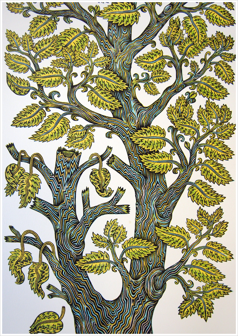 "BRANCHING" Woodcut Print (Detail) by Valerie Lueth | Tugboat Printshop