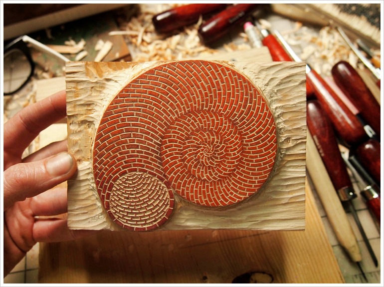 "BRICK SHELL" Woodcut in Progress by Valerie Lueth | Tugboat Printshop