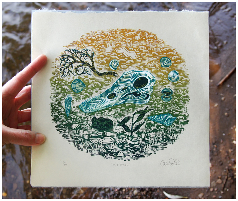 "DUCK SKULL" Woodcut Print, Woodblock Print by Valerie Lueth | Tugboat Printshop