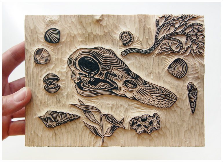 "DUCK SKULL" Woodcut Print by Valerie Lueth | Tugboat Printshop