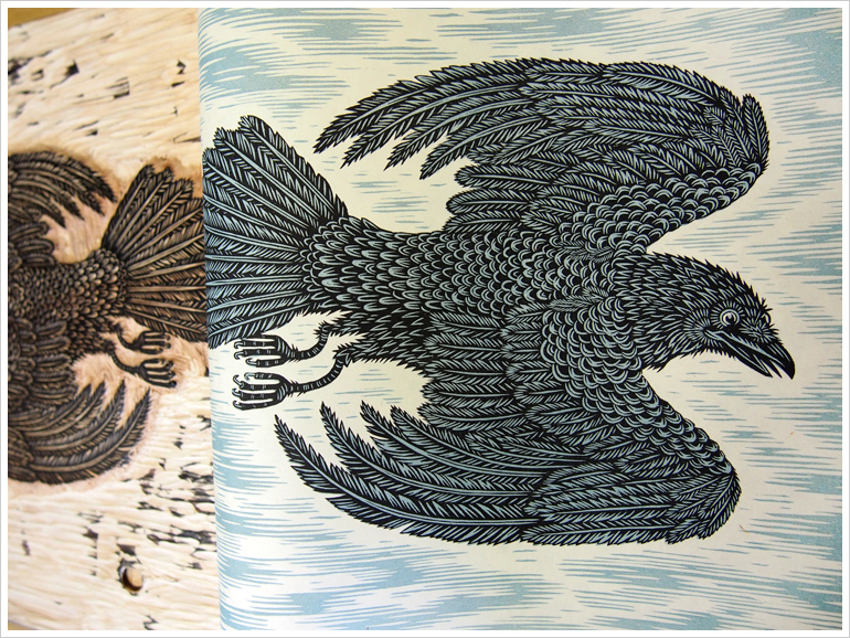 "GLIDING CROW" Woodcut Print, Woodblock Print by Valerie Lueth | Tugboat Printshop