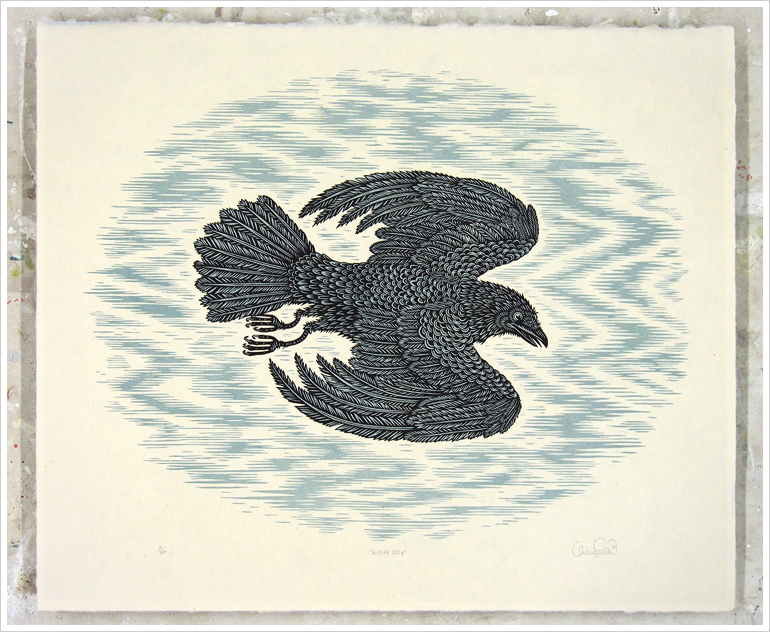 "GLIDING CROW" Woodcut Print, Woodblock Print by Valerie Lueth | Tugboat Printshop