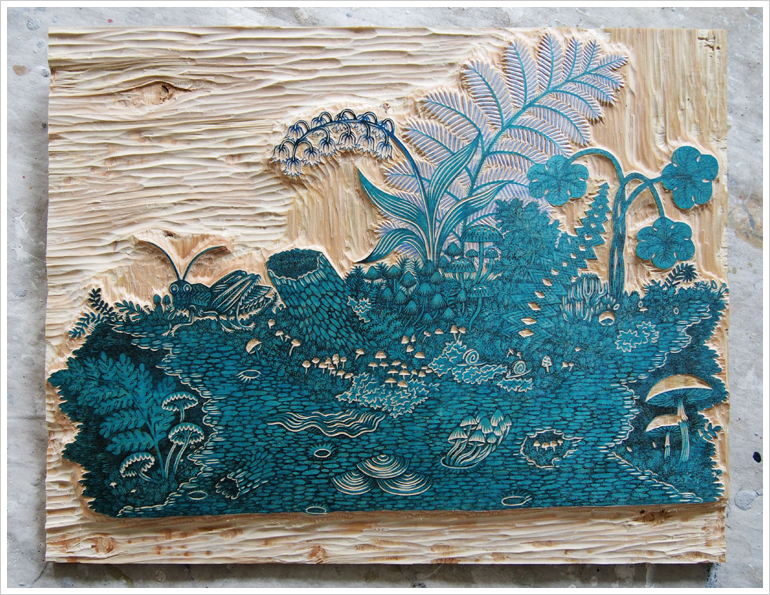 "LOG" Woodcut Print Blue Block