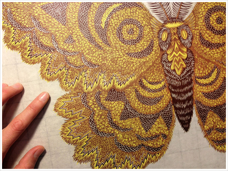 MOTH woodcut closeup by Tugboat Printshop