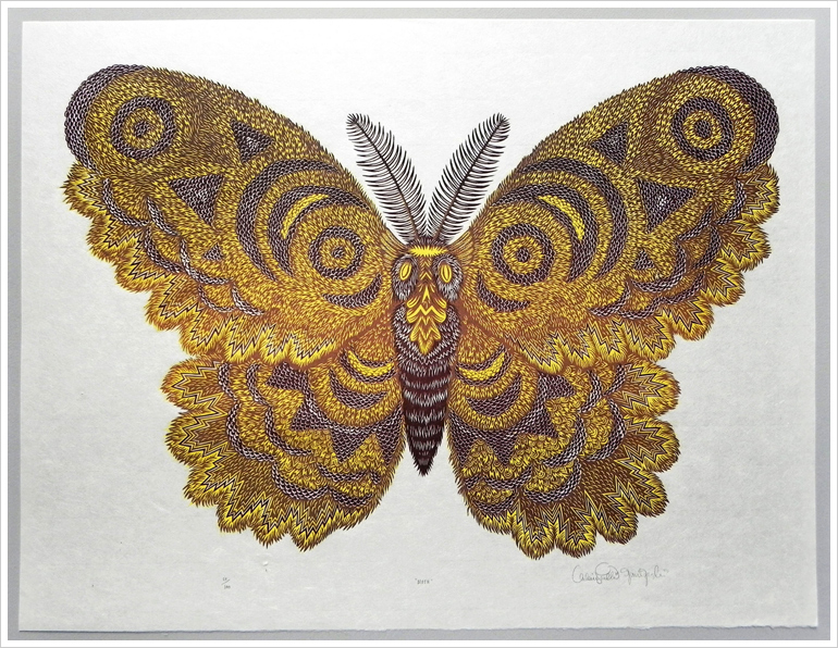 Golden Yellow Moth Woodcut Print, Woodblock Print by Tugboat Printshop