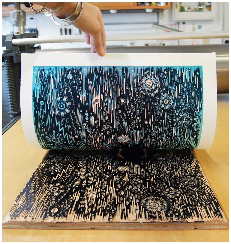 Printing "MUSIC OF THE SPHERES" Woodcut Print by Tugboat Printshop | Valerie Lueth