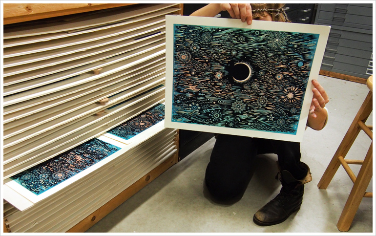 Printing "MUSIC OF THE SPHERES" Woodcut Print by Tugboat Printshop | Valerie Lueth