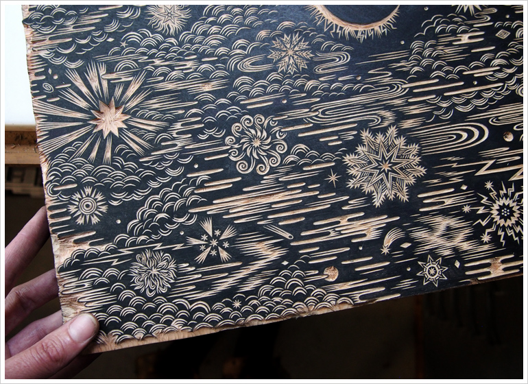 "MUSIC OF THE SPHERES" Woodcut Print, Woodblock Print (Detail of Key Block)