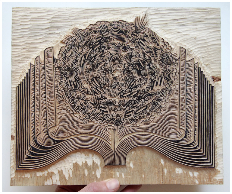 "PAGE TURNER" Woodcut in Progress by Valerie Lueth | Tugboat Printshop