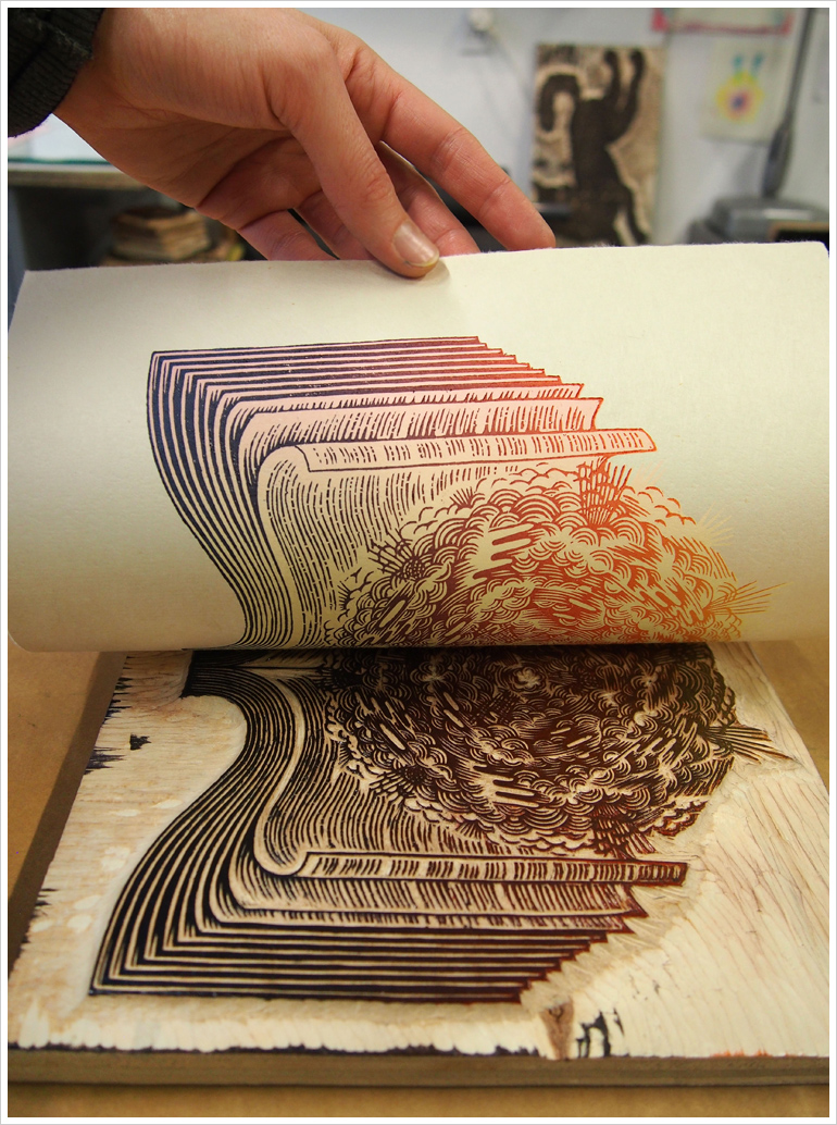 "PAGE TURNER" Woodcut Print in Color | Valerie Lueth, Tugboat Printshop