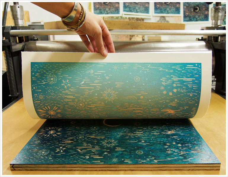 Printing "MUSIC OF THE SPHERES" Woodcut Print by Tugboat Printshop | Valerie Lueth