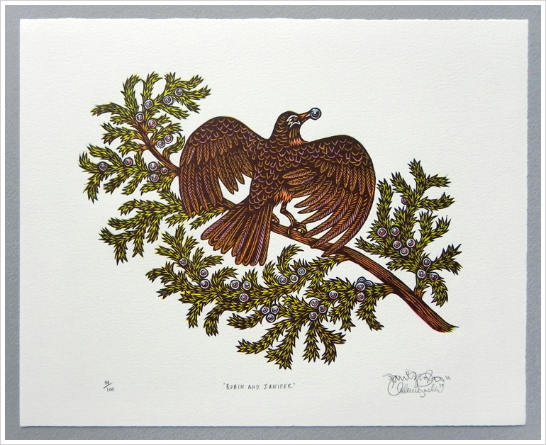 ROBIN AND JUNIPER Woodcut Print, Woodblock Print by Tugboat Printshop