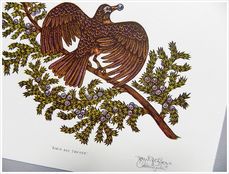 ROBIN AND JUNIPER Woodcut Print, Woodblock Print by Tugboat Printshop
