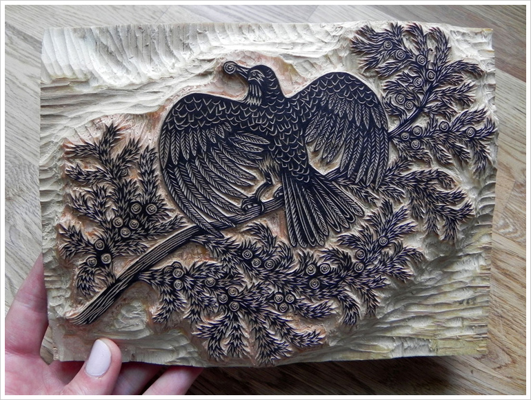 "ROBIN and JUNIPER" Woodcut by Tugboat Printshop / Key Block