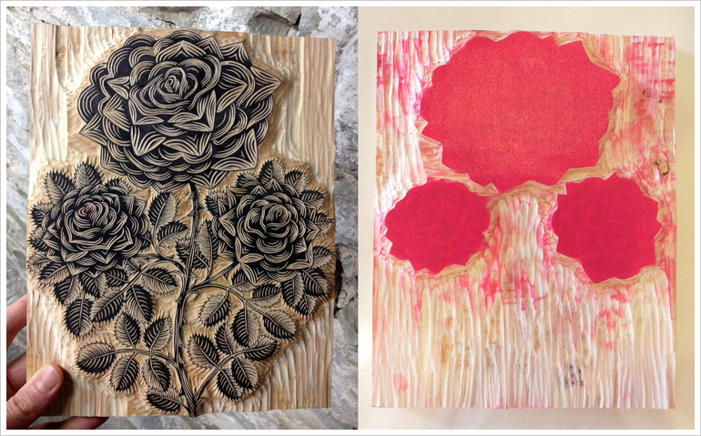 "RUBY RED ROSE" wood blocks by Tugboat Printshop