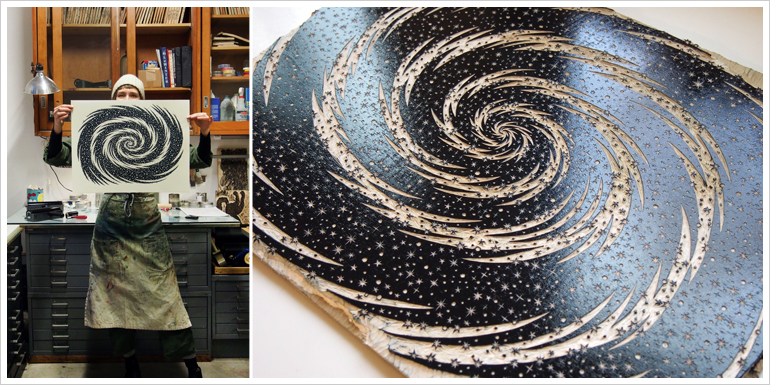 "STARDUST" Woodcut Print, Woodblock Print by Valerie Lueth | Tugboat Printshop