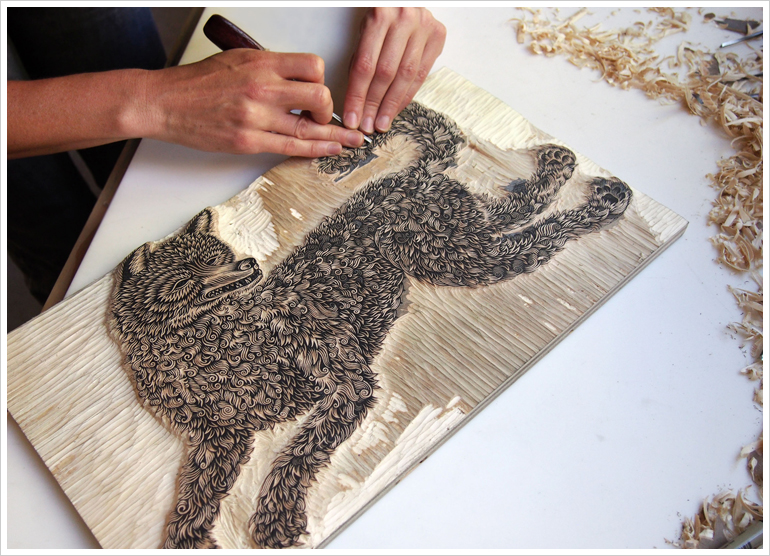 Carving "THE WOLF" Woodcut