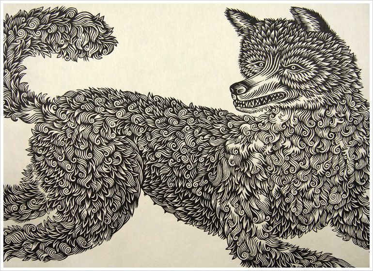 "THE WOLF" Woodcut Print, Woodblock Print by Valerie Lueth | Tugboat Printshop