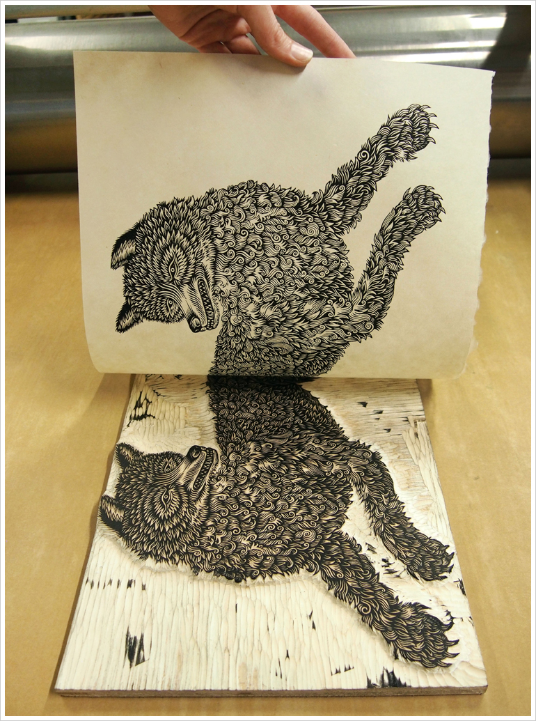 Proofing "THE WOLF" Woodcut