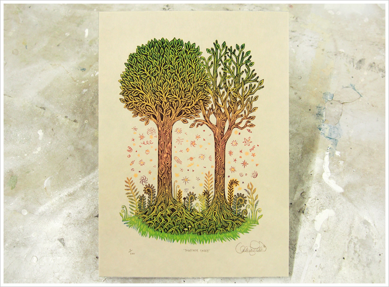 "TOGETHER TREES" Color Woodcut Print, Woodblock Print by Valerie Lueth | Tugboat Printshop