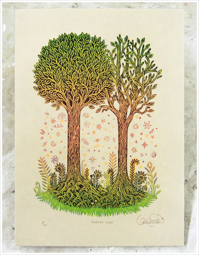 "TOGETHER TREES" Color Woodcut Print, Woodblock Print by Valerie Lueth | Tugboat Printshop