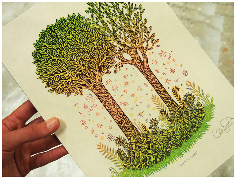 "TOGETHER TREES" Color Woodcut Print, Woodblock Print by Valerie Lueth | Tugboat Printshop