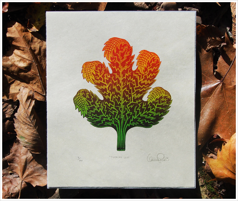 "TURNING LEAF" Woodcut Print, Woodblock Print by Valerie Lueth | Tugboat Printshop