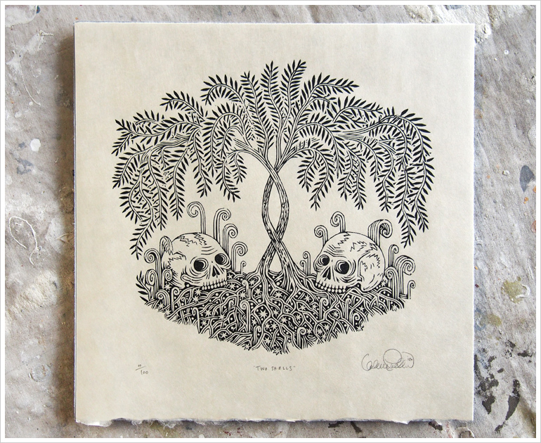 "TWO SKULLS" Woodcut Print, Woodblock Print by Valerie Lueth, Tugboat Printshop