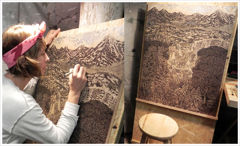 Valerie drawing on the OVERLOOK Woodcut