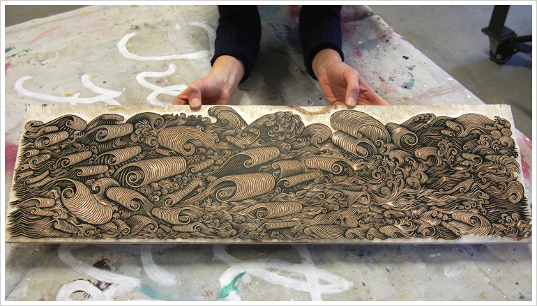 "WAVES" Woodcut - Key Block Carved!