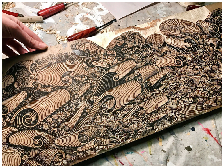 Hand-carving the "WAVES" Woodcut