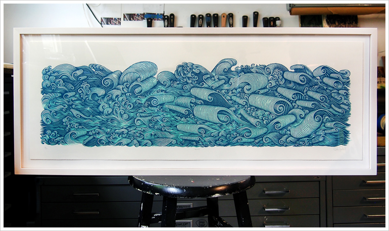 "WAVES" Woodcut | Framed in Pickled Maple