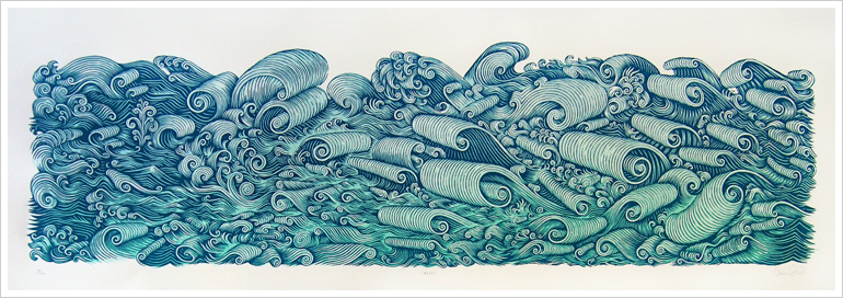 "WAVES" Woodcut Print by Valerie Lueth | Tugboat Printshop