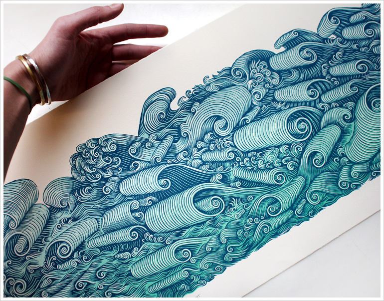 "WAVES" Woodcut Print by Valerie Lueth | Tugboat Printshop